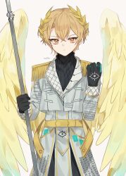 Rule 34 | 1boy, angel wings, belt, black gloves, black sweater, blonde hair, e.g.o (project moon), epaulettes, gloves, highres, jacket, laurels, limbus company, long sleeves, love mintchoco, project moon, ribbed sweater, short hair, simple background, sinclair (project moon), solo, sweater, turtleneck, turtleneck sweater, white background, white jacket, wings, yellow belt, yellow eyes
