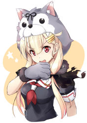 Rule 34 | 1girl, animal hands, black ribbon, black scarf, black serafuku, blonde hair, commentary request, fang, gloves, hair flaps, hair ornament, hairclip, highres, kantai collection, long hair, looking at viewer, minosu, neckerchief, open mouth, paw gloves, red eyes, red neckerchief, ribbon, scarf, school uniform, serafuku, solo, translation request, two-tone background, upper body, white background, wolf hood, yuudachi (kancolle), yuudachi kai ni (kancolle)