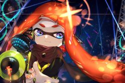 Rule 34 | 1girl, amatya, black cape, black shirt, blue eyes, blunt bangs, blurry, blurry background, cape, closed mouth, commentary, diffraction spikes, foreshortening, headgear, hero shot (splatoon), highres, holding, inkling, inkling girl, inkling player character, lens flare, long hair, long sleeves, looking at viewer, nail polish, night, night sky, nintendo, orange hair, orange nails, reaching, reaching towards viewer, shirt, sky, smile, solo, splatoon (series), splatoon 2, splatoon 2: octo expansion, squidbeak splatoon, star (sky), starry sky, tentacle hair, vest, yellow vest