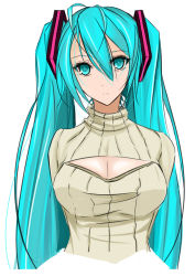Rule 34 | 1girl, absurdres, aqua eyes, aqua hair, arms behind back, breasts, cleavage, cleavage cutout, clothing cutout, female focus, hatsune miku, highres, large breasts, long hair, meme attire, open-chest sweater, open chest turtle neck, ribbed sweater, sayo ayato, solo, sweater, turtleneck, twintails, upper body, very long hair, vocaloid