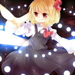 Rule 34 | &gt;:), 1girl, ascot, bad id, bad pixiv id, blonde hair, danmaku, embodiment of scarlet devil, energy ball, female focus, koza, kozakura (dictionary), outstretched arm, pointing, red eyes, rumia, smile, solo, touhou, v-shaped eyebrows