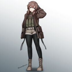 Rule 34 | 1girl, absurdres, ammunition pouch, black pantyhose, borrowed character, brown coat, brown footwear, brown hair, brown shorts, camouflage, coat, ear protection, english text, gloves, grey eyes, hair between eyes, hand up, highres, jonasmk, karinn (ka941), long hair, looking at viewer, open mouth, original, pantyhose, bulletproof vest, pouch, shorts, simple background, solo