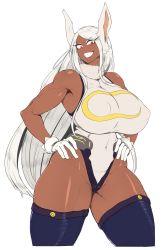 Rule 34 | 1girl, absurdres, bare shoulders, boku no hero academia, breasts, dark-skinned female, dark skin, exabyte (parallax05), gloves, hands on own hips, highres, huge breasts, leotard, long hair, mirko, muscular, muscular female, rabbit ears, rabbit girl, red eyes, sleeveless, smile, solo, thick thighs, thighhighs, thighs, transparent background, white gloves, white hair