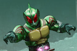 Rule 34 | armor, artist name, breastplate, claws, commentary request, compound eyes, dias (tajima kouki), driver (kamen rider), fins, green armor, grey background, hands up, head fins, highres, kamen rider, kamen rider amazon omega, kamen rider amazons, partial commentary, red eyes, red trim, rider belt, shoulder armor, simple background, solo, tokusatsu, upper body