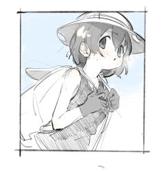 Rule 34 | 1girl, absurdres, backpack, bag, border, gloves, greyscale, hair between eyes, hat, highres, holding strap, kaban (kemono friends), kemono friends, kona ming, looking at viewer, monochrome, open mouth, shirt, short hair, sketch, sleeveless, sleeveless shirt, solo, upper body