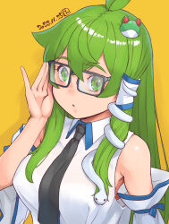 Rule 34 | 1girl, adjusting eyewear, antenna hair, bespectacled, black-framed eyewear, black necktie, blue bow, bow, breasts, collared shirt, commentary request, crossed bangs, dated, detached sleeves, expressionless, frog hair ornament, glasses, green eyes, green hair, hair ornament, highres, kei jiei, kochiya sanae, large breasts, long hair, looking at viewer, medium bangs, necktie, open mouth, rectangular eyewear, shirt, simple background, single hair tube, sleeve bow, sleeveless, sleeveless shirt, snake hair ornament, solo, touhou, upper body, white shirt, white sleeves, yellow background