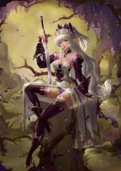 Rule 34 | 1girl, bare shoulders, belt, boots, bow, breasts, bridal gauntlets, brown eyes, chinese text, cleavage, commentary request, crown, detached collar, detached sleeves, forest, hair bow, high heel boots, high heels, highres, lips, long hair, mole, mole on breast, mole under eye, nature, original, shori bun, silver hair, sitting, solo, sword, thighhighs, tree, very long hair, weapon