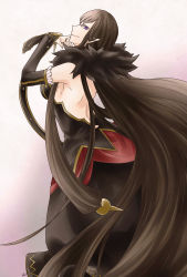 Rule 34 | 1girl, back, bare shoulders, black hair, blue eyes, breasts, detached sleeves, dress, fate/apocrypha, fate (series), frills, highres, long hair, pointy ears, semiramis (fate), smile, solo, very long hair