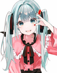 Rule 34 | 1girl, absurdres, aqua eyes, aqua hair, arm at side, bandaid, bandaid on neck, black skirt, bow, bowtie, buttons, center frills, commentary, e name, earrings, frills, hair ornament, hand up, hatsune miku, highres, jewelry, long hair, long sleeves, looking at viewer, open mouth, pink shirt, shirt, simple background, skirt, smile, solo, stud earrings, twintails, upper body, vampire (vocaloid), vocaloid, white background