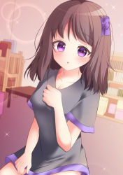 Rule 34 | 1girl, :o, black shirt, book, bookshelf, bow, breasts, brown hair, cleavage, clip studio paint (medium), collarbone, commentary request, hair bow, hand up, indoors, looking at viewer, medium breasts, misaki (misaki86), original, parted lips, purple bow, purple eyes, shirt, short sleeves, solo, table