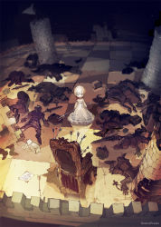 Rule 34 | 1girl, arrow (projectile), blonde hair, blue eyes, blurry, board game, chess, chessboard, closed mouth, cross, cross necklace, crown, demizu posuka, depth of field, from above, holding, horse, jewelry, knight, lying, necklace, on back, on floor, on side, on stomach, original, paper, personification, planted sword, planted, polearm, shield, sitting, standing, sword, throne, tile floor, tiles, trident, weapon