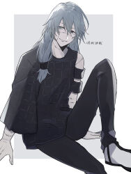 Rule 34 | 1boy, absurdres, arm support, black eyes, black pants, black shirt, blue eyes, blue hair, border, closed mouth, eyes visible through hair, foot out of frame, grey background, hair between eyes, hair tie, heterochromia, highres, jujutsu kaisen, knee up, light blue hair, long hair, long sleeves, looking to the side, low-tied long hair, mahito (jujutsu kaisen), male focus, outside border, pants, shirt, shoes, sidelocks, sideways glance, simple background, single sleeve, sitting, smile, sneakers, solo, stitched arm, stitched face, stitched neck, stitches, straight hair, striped clothes, striped footwear, tareme, two-tone background, two-tone footwear, white border, white footwear