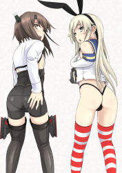 Rule 34 | 10s, 2girls, ass, bike shorts, black panties, blonde hair, blush, brown eyes, brown hair, elbow gloves, flat chest, from behind, gloves, hair ornament, hand on own ass, hand on own chest, headband, headgear, highres, kantai collection, long hair, looking at viewer, looking back, multiple girls, niiyamuneko, no pants, no skirt over shorts, open mouth, panties, pantylines, personification, revision, shimakaze (kancolle), short hair, striped clothes, striped legwear, striped thighhighs, taihou (kancolle), thighhighs, thong, underwear, white gloves