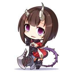 Rule 34 | 1girl, axe, battle axe, black footwear, blush, boots, broken horn, brown hair, capelet, character request, chibi, commentary request, full body, fur-trimmed capelet, fur trim, gauntlets, holding, holding axe, horns, knee boots, looking at viewer, parted lips, princess connect!, purple eyes, red capelet, red skirt, shachoo., short hair, sidelocks, simple background, skirt, smile, solo, standing, standing on one leg, weapon, white background