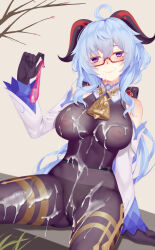 Rule 34 | 1girl, ahoge, aoi (buzhuen444), bare shoulders, black gloves, black panties, blue hair, blush, bodystocking, breasts, cameltoe, commentary request, condom, cum, cum on body, cum on breasts, cum on clothes, cum on legs, cum on legwear, cum on upper body, detached sleeves, facial, female focus, flower knot, ganyu (genshin impact), genshin impact, glasses, gloves, grey background, holding, holding condom, horns, large breasts, long hair, long sleeves, looking at viewer, paid reward available, panties, panties under pantyhose, pantyhose, purple eyes, red-framed eyewear, semi-rimless eyewear, simple background, sitting, smile, solo, under-rim eyewear, underwear, used condom, very long hair, vision (genshin impact)