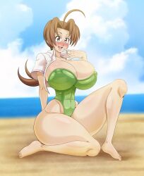 Rule 34 | 1girl, absurdres, alternate breast size, antenna hair, barefoot, beach, blue sky, blush, breasts, brown eyes, brown hair, cloud, cloudy sky, covered erect nipples, creatures (company), curvy, delia ketchum, full body, game freak, green one-piece swimsuit, highleg, highleg swimsuit, highres, huge breasts, karuro-kun, lips, long hair, looking at viewer, low ponytail, mature female, nintendo, ocean, one-piece swimsuit, open clothes, open mouth, open shirt, pokemon, pokemon (anime), pokemon (classic anime), pokemon ep018, ponytail, shiny skin, simple background, sky, smile, solo, swimsuit, wide hips