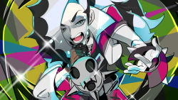 Rule 34 | 1boy, belt, black hair, commentary request, creatures (company), cropped jacket, dabu (dabuchan), game freak, gloves, gym leader, hair over one eye, highres, holding, holding microphone, jacket, long hair, male focus, microphone, multicolored hair, music, nintendo, open mouth, piers (pokemon), pokemon, pokemon swsh, singing, solo, sparkle, teeth, tongue, two-tone hair, white hair, white jacket