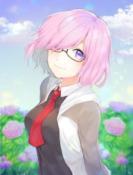 Rule 34 | 1girl, bad id, bad pixiv id, black-framed eyewear, black dress, black shirt, blurry, blurry background, blush, breasts, closed mouth, cloud, cloudy sky, collar, collared dress, collared shirt, commentary request, day, dress, fate/grand order, fate (series), female focus, field, flower, flower field, glasses, grey jacket, hair over one eye, head tilt, highres, hood, hoodie, hydrangea, jacket, large breasts, light purple hair, long sleeves, looking at viewer, mash kyrielight, mizuiro 32, neck, necktie, outdoors, purple eyes, purple flower, red necktie, shirt, short hair, sky, smile, solo, type-moon, upper body