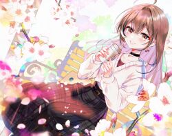 Rule 34 | 1girl, ahoge, belt, bench, berry, black choker, brown eyes, brown hair, brown skirt, cherry blossoms, choker, coffee cup, cup, disposable cup, earrings, falling petals, fingernails, flower, food-themed earrings, friend (nanashi mumei), grin, high-waist skirt, highres, holding, holding cup, hololive, hololive english, jewelry, long hair, long skirt, looking at viewer, multicolored hair, nanashi mumei, nanashi mumei (casual), necklace, official alternate costume, on bench, park bench, petals, plaid, plaid skirt, red shirt, runes, shirt, sitting, skirt, smile, sowon, streaked hair, sweater, virtual youtuber, white sweater