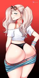 Rule 34 | 1girl, ass, belt, blonde hair, blue eyes, earrings, hand on own hip, heart, heart earrings, highres, jewelry, kenron toqueen, long hair, persona, persona 5, persona 5 scramble: the phantom strikers, solo, tagme, takamaki anne, thong, twintails, underwear, whale tail (clothing)