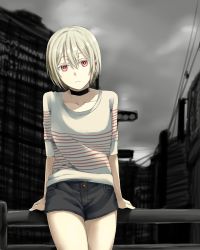 Rule 34 | 1girl, @ @, black shorts, building, choker, collarbone, expressionless, highres, original, partially colored, platinum blonde hair, railing, red eyes, short hair, short shorts, shorts, solo, somechime (sometime1209)