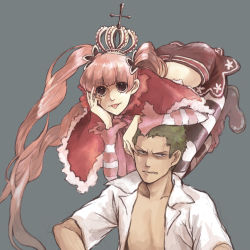 Rule 34 | 1boy, 1girl, :p, bad id, bad pixiv id, black stripes, boots, capelet, crown, green hair, head rest, kuraigana island, long hair, one piece, open clothes, open shirt, pantyhose, patterned legwear, perona, pink hair, roronoa zoro, shirt, striped clothes, striped pantyhose, tongue, tongue out, twintails, two-tone stripes, vaayunto yuuki, white stripes