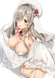 Rule 34 | 1girl, :d, areola slip, beret, blush, braid, breasts, bridal veil, choker, cleavage, clothes lift, dress, dress lift, flower, g36c (girls&#039; frontline), g36c (you who steps up) (girls&#039; frontline), girls&#039; frontline, gloves, hair over one eye, hat, highres, large breasts, lifting own clothes, long hair, looking at viewer, navel, official alternate costume, open mouth, red eyes, red flower, red rose, rose, side braid, silver hair, smile, solo, togo (korlsj1235), veil, very long hair, wedding dress, white gloves