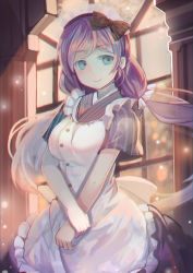 Rule 34 | 10s, 1girl, apron, blue eyes, bow, breasts, cowboy shot, fuyouchu, hair bow, light particles, light smile, long hair, looking away, love live!, love live! school idol festival, love live! school idol project, low twintails, maid, maid apron, maid headdress, medium breasts, pinstripe pattern, purple hair, smile, solo, striped, sunlight, tojo nozomi, twintails, v arms, very long hair, window