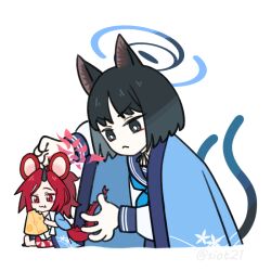 Rule 34 | 2girls, animal ear fluff, animal ears, black choker, black eyes, black hair, blue archive, blunt bangs, bow choker, cat ears, cat girl, cat tail, cheese, choker, commentary, dragon girl, dragon horn, dragon tail, eating, eyeshadow, food, forehead, halo, haori, holding, holding food, horns, japanese clothes, kemonomimi mode, kikyou (blue archive), leg tattoo, long hair, long sleeves, looking at another, makeup, mildtaste, mouse ears, mouse girl, multiple girls, multiple tails, nekomata, parody, parted bangs, red eyes, red eyeshadow, red hair, renge (blue archive), school uniform, serafuku, short hair, sidelocks, simple background, single horn, sitting, size difference, smile, symbol-only commentary, tail, tattoo, tom and jerry, two tails, white background, white serafuku, wide sleeves