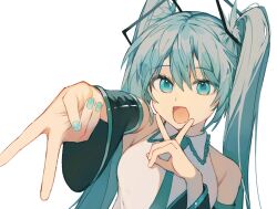 Rule 34 | 1girl, absurdres, arm up, bare shoulders, blue eyes, blue hair, blue nails, blue necktie, breasts, collared shirt, deep (deep4946), detached sleeves, fingernails, hair between eyes, hair ornament, hands up, hatsune miku, highres, long hair, long sleeves, looking at viewer, medium breasts, nail polish, necktie, open mouth, shirt, sidelocks, simple background, smile, solo, tongue, twintails, upper body, v, vocaloid, white background, white shirt, wide sleeves