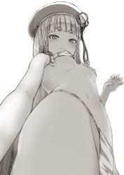 Rule 34 | 1girl, bare shoulders, beret, bikini, blunt bangs, blush, braid, breasts, erune, granblue fantasy, greyscale, hat, highres, long hair, looking at viewer, monochrome, navel, nosuku, pholia, quad braids, short eyebrows, side braids, small breasts, smile, solo, swimsuit, thighs