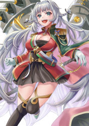 Rule 34 | 1girl, aiguillette, azur lane, black legwear, black skirt, braid, breasts, cape, cleavage, epaulettes, gloves, gold trim, green cape, grey eyes, grey hair, highres, jacket, large breasts, leg up, long hair, medal, miniskirt, open mouth, pleated skirt, red cape, red jacket, rigging, sheath, sheathed, simple background, skirt, solo, sword, teeth, turret, two-tone cape, upper teeth only, very long hair, vittorio veneto (azur lane), weapon, white background, white gloves, yam (yam6056)