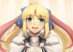 Rule 34 | 1girl, :d, ahoge, artoria caster (fate), artoria caster (third ascension) (fate), artoria pendragon (fate), blonde hair, boa (brianoa), cape, character request, crown, fate/grand order, fate (series), fur-trimmed cape, fur trim, gorget, green eyes, highres, long hair, looking at viewer, open mouth, round teeth, smile, solo, teeth, twintails, upper body, upper teeth only, white cape