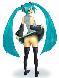 Rule 34 | 1girl, artist request, ass, blush, clothes lift, female focus, from behind, full body, green hair, hatsune miku, looking at viewer, looking back, no panties, skirt, skirt lift, solo, standing, thighhighs, twintails, upskirt, vocaloid