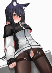 Rule 34 | 1girl, absurdres, animal ears, ao oni (onioni-aoi), arknights, bar censor, black capelet, black gloves, black hair, blush, brown pantyhose, capelet, censored, clothing aside, cowboy shot, fingerless gloves, gloves, gluteal fold, highres, jacket, long sleeves, looking down, multicolored hair, nose blush, panties, panties aside, pantyhose, pussy, red eyes, red hair, simple background, solo, tail, texas (arknights), thighband pantyhose, torn clothes, torn pantyhose, two-tone hair, underwear, white background, white jacket, white panties, wolf ears, wolf girl, wolf tail