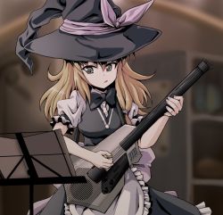 Rule 34 | 1girl, :q, apron, black bow, black bowtie, black dress, black eyes, blonde hair, blurry, bow, bowtie, breasts, cowboy shot, depth of field, dress, electric guitar, guitar, hat, hat ribbon, instrument, kamishima kanon, kirisame marisa, long hair, medium breasts, music, playing instrument, plectrum, puffy short sleeves, puffy sleeves, purple ribbon, ribbon, short sleeves, solo, tongue, tongue out, touhou, waist apron, witch hat