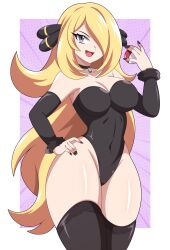 Rule 34 | 1girl, absurdres, abysswatchers, bare shoulders, black leotard, black nails, black thighhighs, blonde hair, border, breasts, choker, cleavage, collarbone, covered navel, cowboy shot, creatures (company), cynthia (pokemon), detached sleeves, fur-trimmed sleeves, fur trim, game freak, grey eyes, hair ornament, hair over one eye, highleg, highleg leotard, highres, holding, holding poke ball, impossible clothes, large breasts, leotard, long hair, nintendo, open mouth, pink background, poke ball, poke ball (basic), pokemon, pokemon dppt, polka dot, polka dot background, skin tight, smile, solo, standing, thighhighs, white border