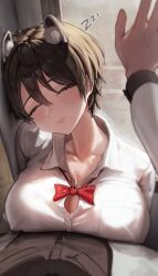 Rule 34 | 1girl, animal ears, apopo, black hair, blue archive, breast press, breasts, closed eyes, collarbone, collared shirt, large breasts, partially unbuttoned, pov, ribbon, school uniform, shirt, short hair, sitting, sleeping, tsubaki (blue archive), white shirt