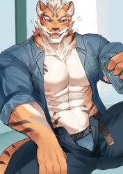 Rule 34 | 1boy, abs, animal ears, ao (chung0u0), bara, bare pectorals, beige fur, belt, blue eyes, blue male underwear, blush, bulge, feet out of frame, furry, furry male, highres, large pectorals, light brown hair, lin hu (nekojishi), looking at viewer, male focus, male underwear, male underwear peek, muscular, muscular male, navel, nekojishi, nipples, open belt, open clothes, open fly, open shirt, orange fur, paid reward available, pants, pectorals, paid reward available, seductive smile, shirt, short hair, sleeves rolled up, smile, solo, stomach, thick thighs, thighs, tiger boy, tiger ears, tiger stripes, tight clothes, tight pants, tight shirt, underwear