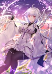 Rule 34 | 1girl, ahoge, black gloves, black leggings, blush, dress, fate/grand order, fate/grand order arcade, fate (series), fingerless gloves, gloves, highres, holding, holding staff, leggings, long hair, looking at viewer, merlin (fate/prototype), merlin (fate/prototype) (second ascension), petals, pointy ears, purple eyes, silver hair, smile, solo, staff, twitter username, very long hair, white dress, wide sleeves, yuzushiro