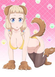 Rule 34 | 1girl, all fours, animal ears, animal hands, bikini, black thighhighs, blonde hair, blue eyes, blush, breasts, cleavage, dog ears, dog tail, female focus, gloves, highres, honma0220, large breasts, new game!, open mouth, paw gloves, sakura nene, side-tie bikini bottom, solo, swimsuit, tail, thighhighs, yellow bikini