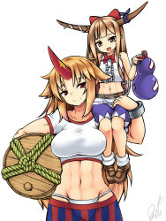 Rule 34 | 2girls, abs, amau (kosmos), barrel, blonde hair, bow, breasts, carrying, crop top, cuffs, female focus, fundoshi, gourd, hair bow, horn ornament, horn ribbon, horns, hoshiguma yuugi, ibuki suika, japanese clothes, large breasts, long hair, midriff, multiple girls, navel, oni, oni horns, open mouth, pointy ears, red eyes, ribbon, shackles, shirt, short sleeves, signature, single horn, sitting on shoulder, size difference, skirt, sleeveless, sleeveless shirt, smile, toned, touhou, very long hair, yellow eyes