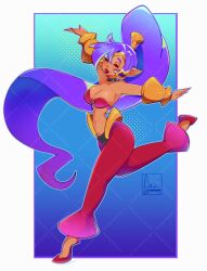Rule 34 | 1girl, blue background, blush, breasts, choker, cleavage, closed eyes, collarbone, cresscin, dancer, dark skin, earrings, gradient background, harem outfit, jewelry, large breasts, long hair, midriff, navel, open mouth, pants, pointy ears, ponytail, purple hair, red footwear, red lips, red pants, red shirt, shantae, shantae (series), shirt, shoes, smile, standing, standing on one leg, strapless, tiara, tube top, vambraces, wayforward