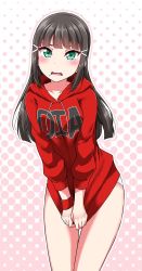 Rule 34 | 1girl, black hair, blush, character name, clothes tug, clothes writing, collarbone, commentary request, drawstring, embarrassed, hair ornament, hairclip, halftone, halftone background, hood, hood down, hoodie, kurosawa dia, long hair, long sleeves, looking at viewer, love live!, love live! sunshine!!, mole, mole under mouth, no pants, open mouth, outline, panties, pink outline, red hoodie, solo, underwear, white outline, white panties, wristband, yopparai oni
