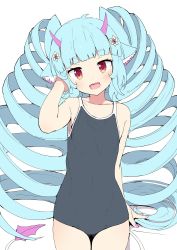 Rule 34 | 1girl, animal ears, blue hair, delmin (show by rock!!), drill hair, flat chest, hair ornament, horns, light blue hair, looking at viewer, nail polish, one-piece swimsuit, open mouth, pink horns, pink nails, school swimsuit, show by rock!!, simple background, smile, solo, swimsuit, tail, tottotonero, twin drills, white background