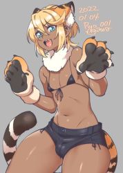 Rule 34 | 1boy, :d, agawa ryou, androgynous, animal ear fluff, animal ears, animal hands, animal print, artist name, bare shoulders, bikini, bikini under clothes, black bikini, black shorts, blonde hair, blue eyes, bulge, chinese zodiac, commentary, contrapposto, covered erect nipples, cowboy shot, crossdressing, dark-skinned male, dark skin, dated, denim, english commentary, fake animal ears, fake tail, fang, flat chest, flipped hair, front-tie bikini top, front-tie top, fur-trimmed collar, fur collar, fur trim, grey background, groin, hair between eyes, hands up, jeans, kirihara tatsugoro torayasu, looking at viewer, medium hair, micro bikini, navel, numbered, open mouth, original, pants, puffy nipples, shiny skin, short shorts, shorts, side-tie bikini bottom, sidelocks, simple background, smile, solo, swept bangs, swimsuit, tail, teeth, thick thighs, thighs, tiger ears, tiger paws, tiger print, tiger tail, trap, upper teeth only, v-shaped eyebrows, year of the tiger
