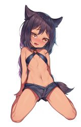 Rule 34 | 1girl, aged down, animal ears, bare arms, bare shoulders, black shorts, blush, breasts, brown eyes, brown hair, child, commentary request, dark-skinned female, dark skin, fang, female focus, full body, head tilt, highres, jahy, jahy-sama wa kujikenai!, kemonomimi mode, long hair, looking at viewer, mokew, navel, nose blush, o-ring, o-ring top, open mouth, short shorts, shorts, simple background, sitting, small breasts, solo, stomach, tail, very long hair, wariza, white background
