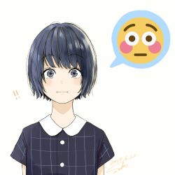 Rule 34 | !, !!, 1girl, :i, blue eyes, blue hair, blush, closed mouth, collared shirt, dated, emoji, highres, original, sako (35s 00), shirt, short hair, signature, simple background, solo, upper body, white background, wide-eyed
