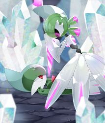 Rule 34 | 1boy, 1girl, ariumu, black sclera, black skin, blue hair, blurry, blurry background, blurry foreground, closed mouth, colored sclera, colored skin, creatures (company), defeat, double-blade, eye contact, from side, full body, gallade, game freak, gen 4 pokemon, glowing, glowing weapon, green hair, green skin, grey hair, hands up, highres, humanoid robot, iron valiant, kneeling, looking at another, looking down, looking up, lying, medium hair, mohawk, multicolored hair, multicolored skin, nintendo, on back, on ground, pink eyes, pixel eyes, pokemon, pokemon (creature), red eyes, red hair, robot, robot girl, short hair, twintails, two-tone hair, two-tone skin, weapon, white gemstone, white skin