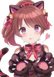 Rule 34 | 1girl, :3, animal ears, animal hands, bell, black dress, blush, bow, bowtie, breasts, brown hair, cat ears, cat paws, cat tail, cleavage, commentary request, dress, fake animal ears, fake tail, frilled dress, frills, heart, highres, idolmaster, idolmaster cinderella girls, jingle bell, kogiko (shironowa01), licking lips, looking at viewer, pink eyes, ponytail, red bow, red bowtie, shiina noriko, simple background, sleeveless, sleeveless dress, solo, spoken heart, tail, tongue, tongue out, upper body, white background